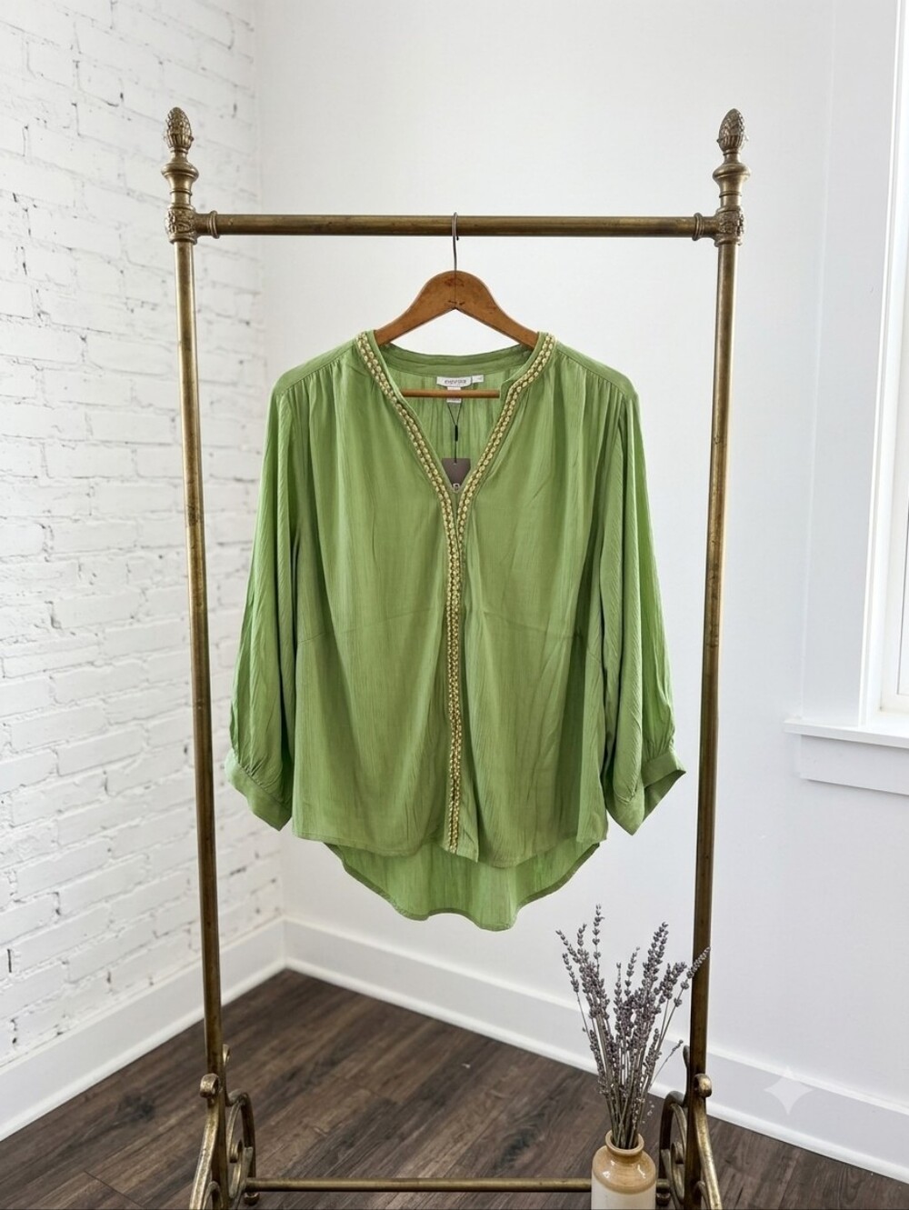 Chico's Light Green V-Neck Embellished Blouse